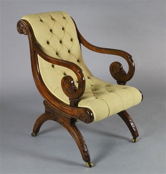 A good Regency mahogany library chair, in the manner of Thomas Hope, W.1ft 9in. D.2ft 10in. H.3ft 1in.